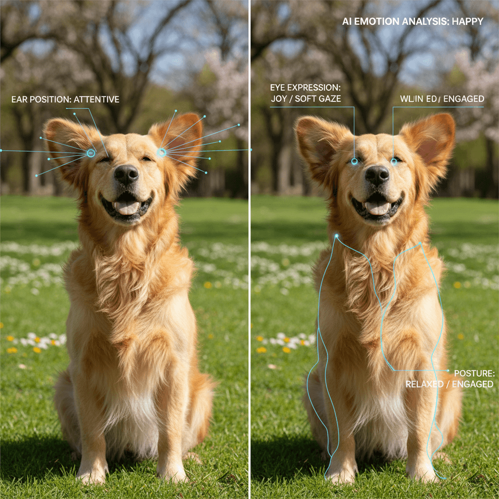 PetVet AI emotion analysis showing dog's happy expression with ear position, eye expression, and posture indicators